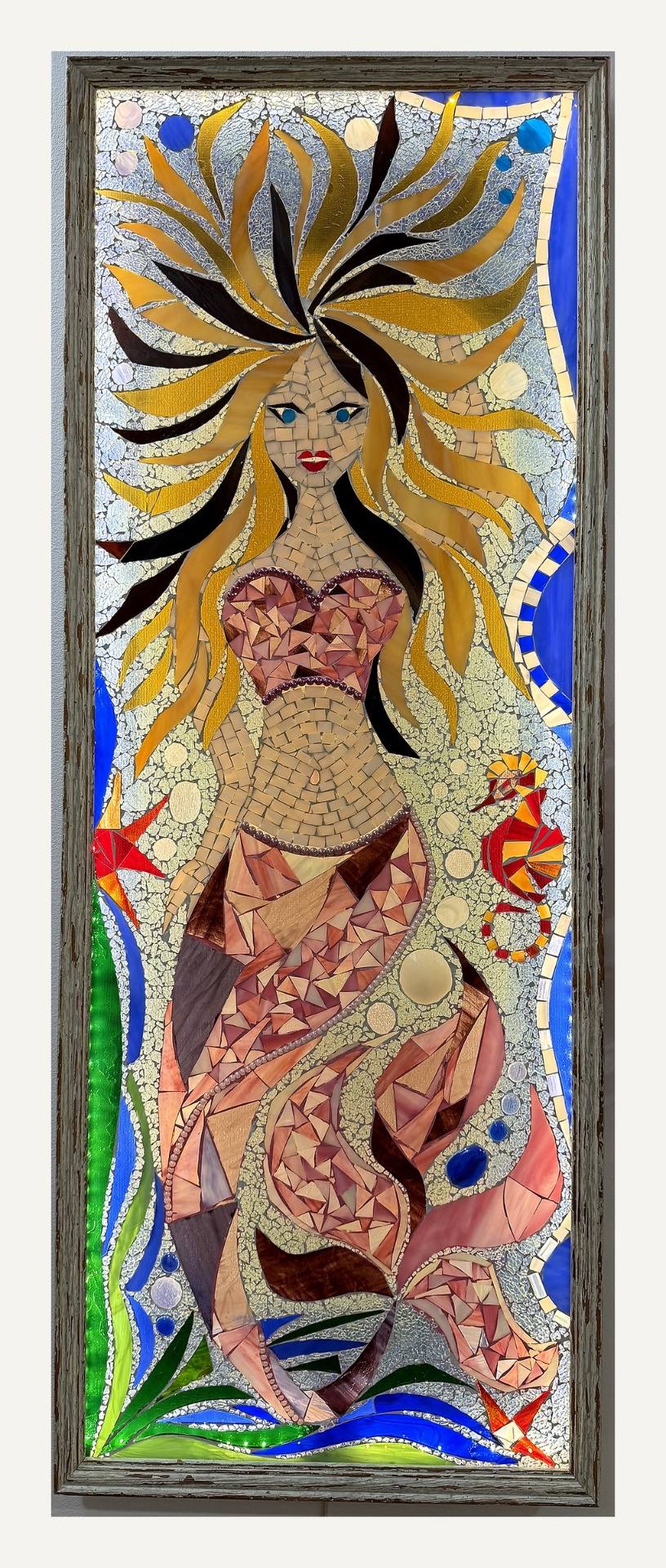 Mermaid, a framed glass mosaic by Erika